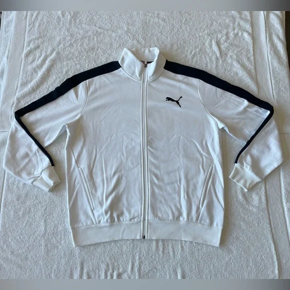 NWT Puma Mens Casual Full Zip Up Mock Neck Sweatshirt, White w/Black Logo, Sz XL - Picture 1 of 4